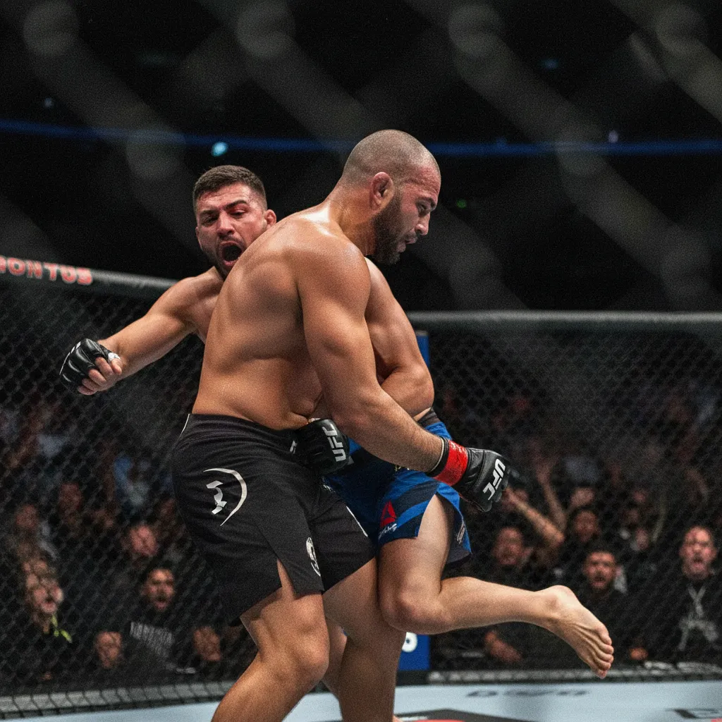 Một võ sĩ đang thực hiện một cú quật ngã (takedown) với đối thủ.