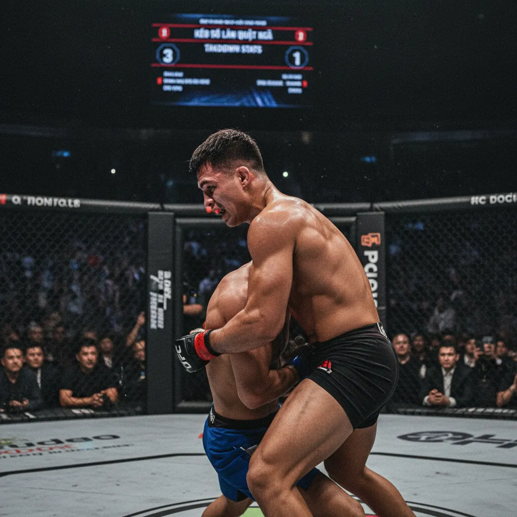 Một đô vật thực hiện cú bốc đôi để quật ngã đối thủ trong một trận MMA.